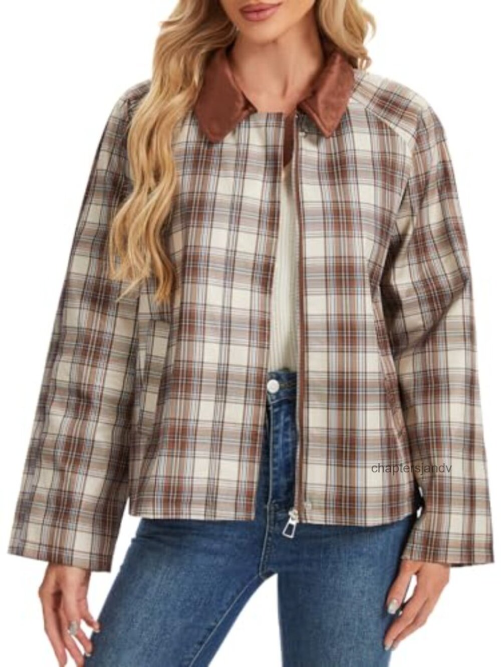 Women's Plaid Barn Jacket Zip Up Cropped Lightweight Casual Coat